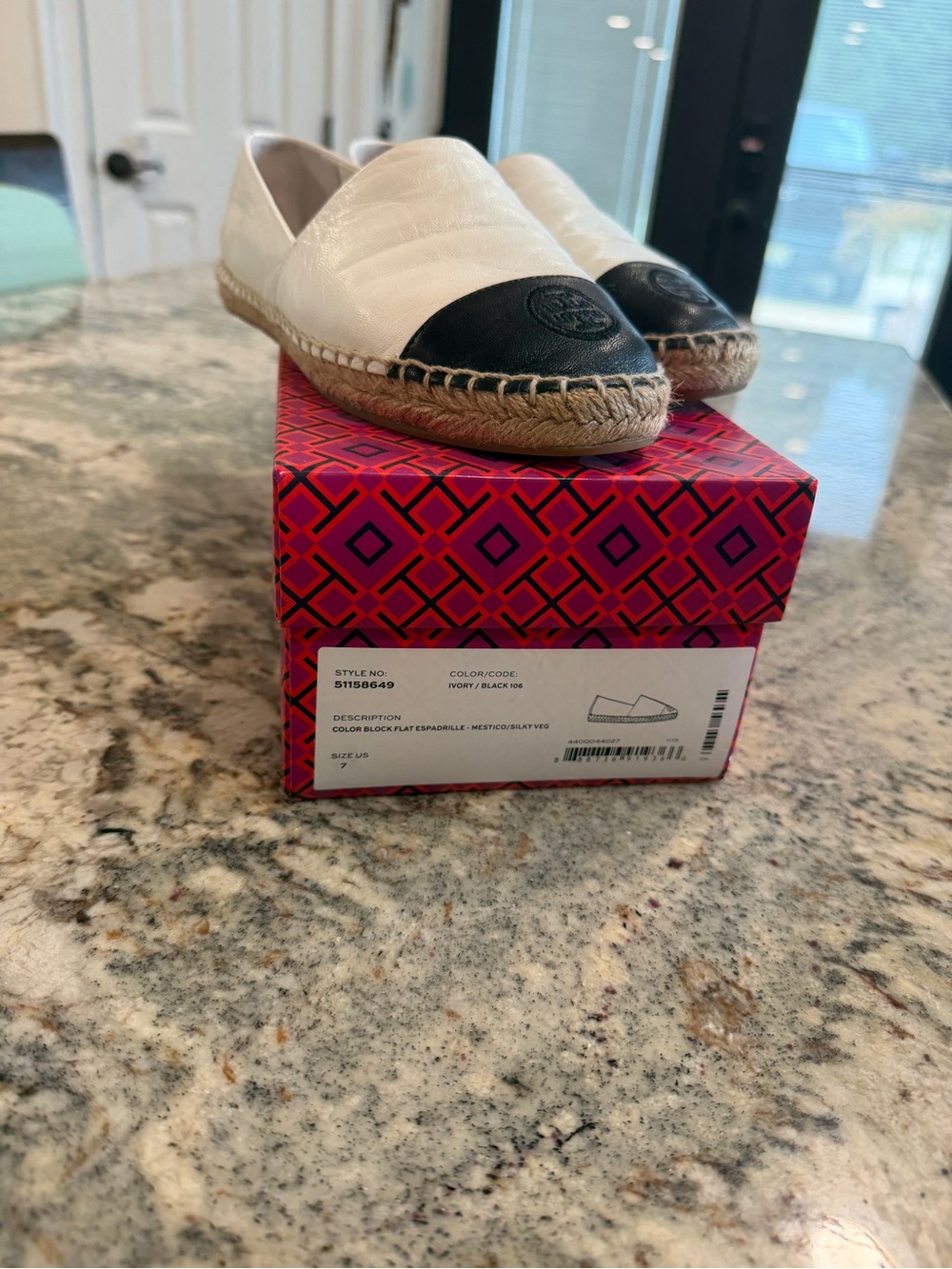 Tory Burch Ivory Espadrille with Black Cap Toe and Logo